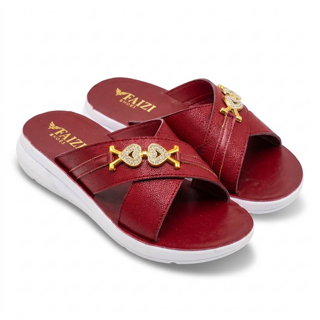 Faizi Red Heart Detail Cross Strap Ladies Chappal