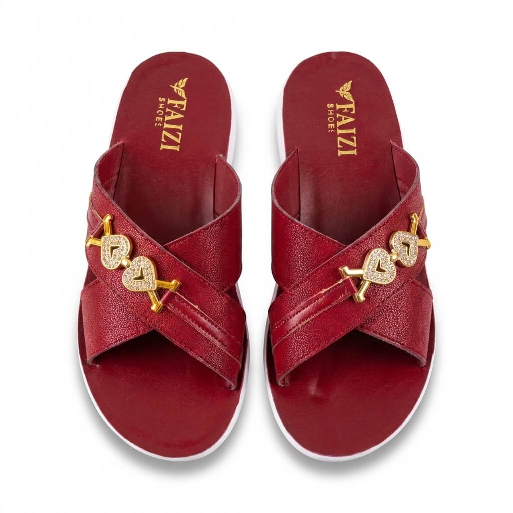Faizi Red Heart Detail Cross Strap Ladies Chappal - Image 2