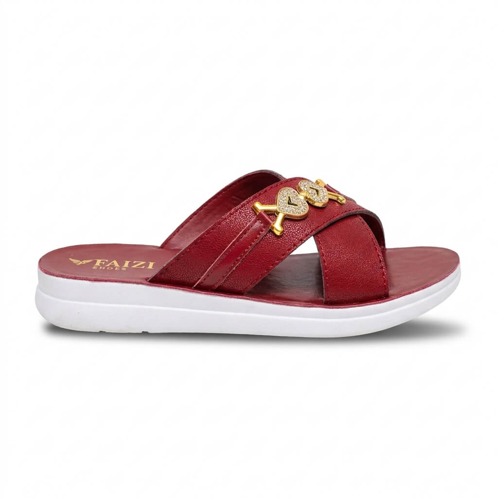 Faizi Red Heart Detail Cross Strap Ladies Chappal - Image 3