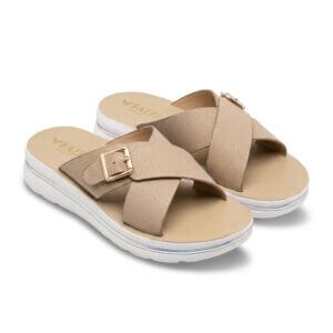 Faizi Beige Buckle Cross Strap Ladies Chappal