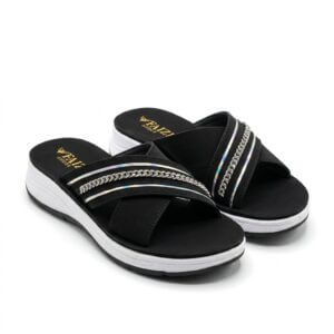 Faizi Black Sparkle Trim Cross Strap Ladies Chappal