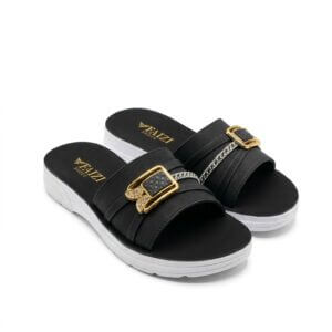 Faizi Black Double Buckle Slide Ladies Chappal