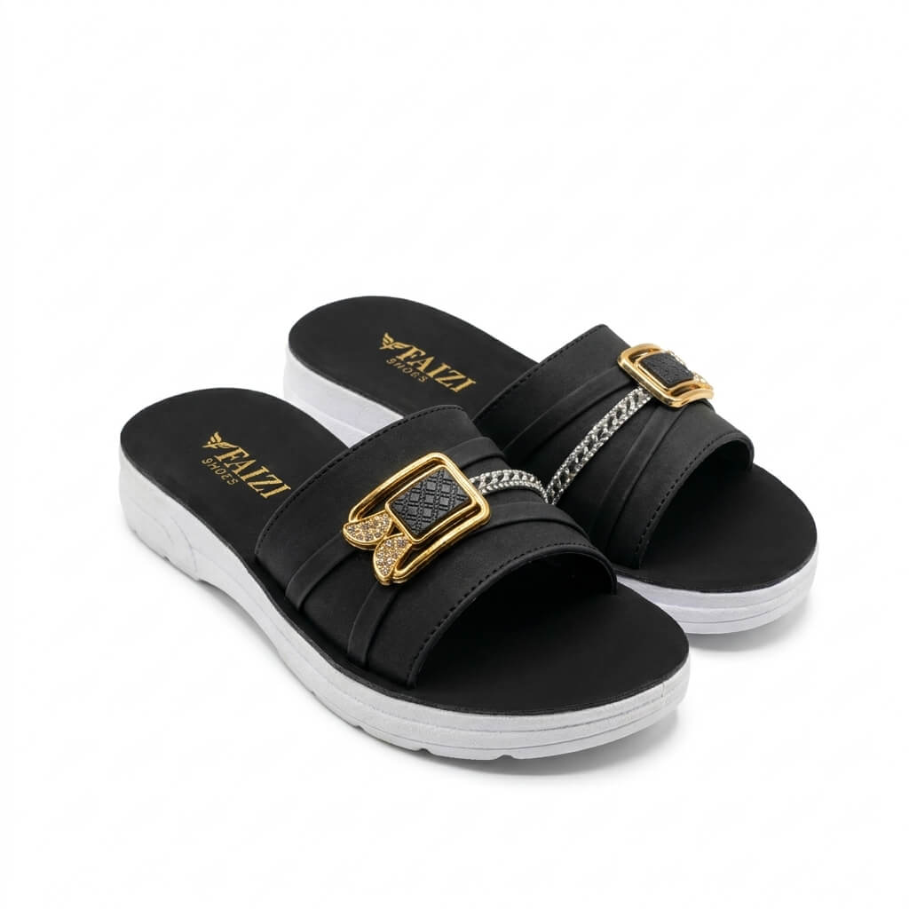 Faizi Black Double Buckle Slide Ladies Chappal