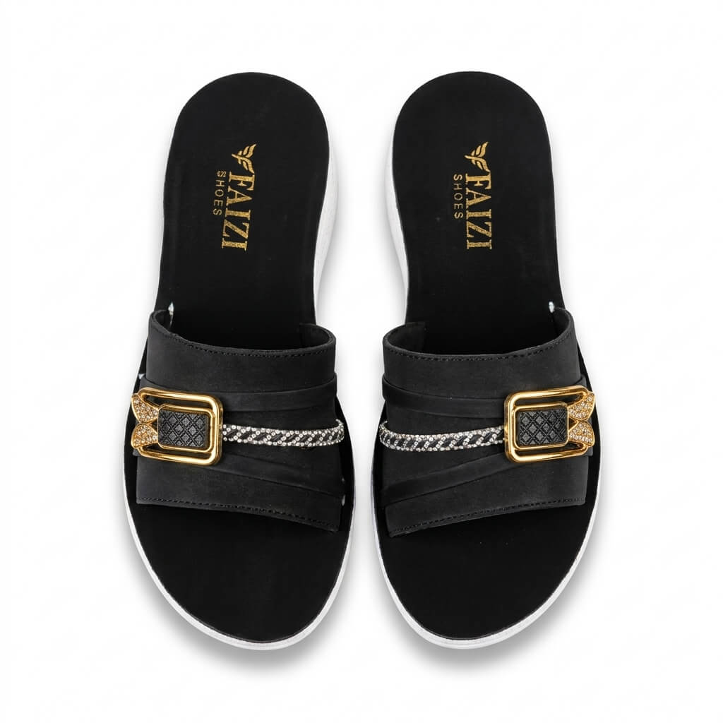 Faizi Black Double Buckle Slide Ladies Chappal - Image 2