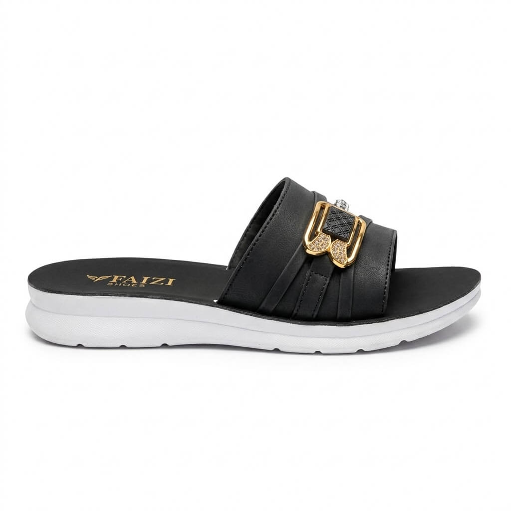 Faizi Black Double Buckle Slide Ladies Chappal - Image 3