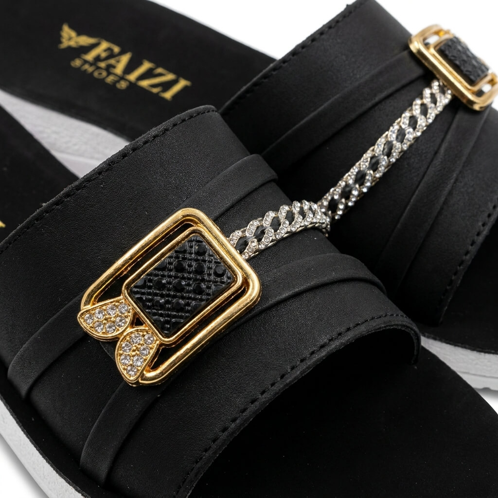 Faizi Black Double Buckle Slide Ladies Chappal - Image 4