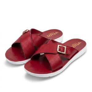 Faizi Red Buckle Cross Strap Ladies Chappal