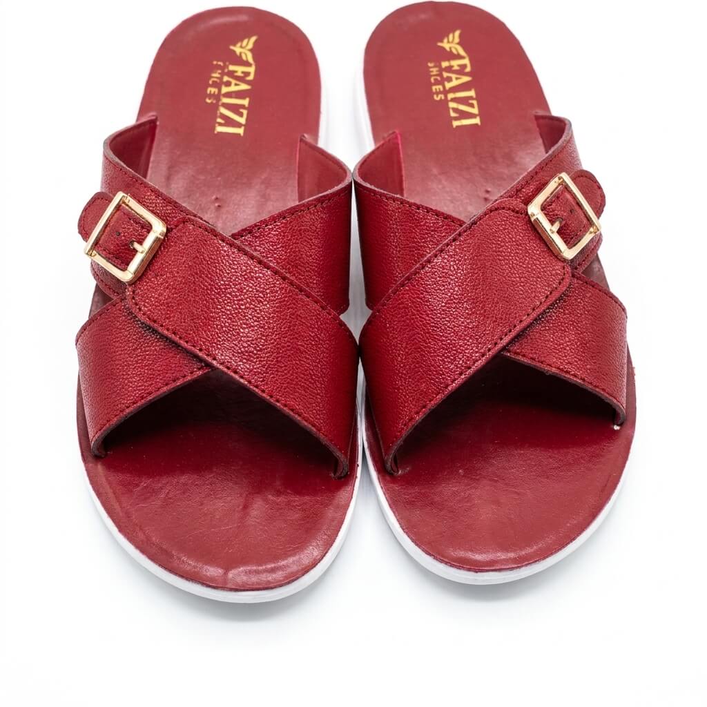 Faizi Red Buckle Cross Strap Ladies Chappal - Image 3