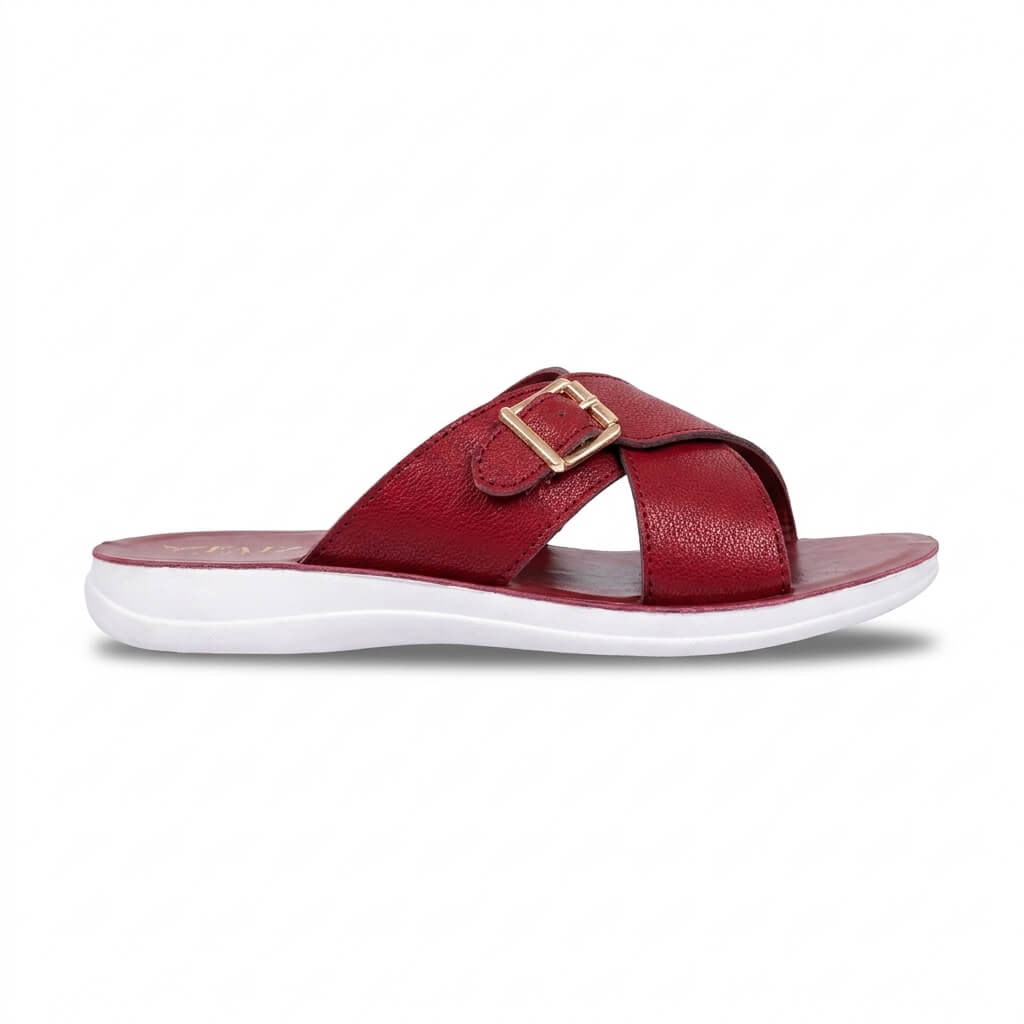 Faizi Red Buckle Cross Strap Ladies Chappal - Image 4
