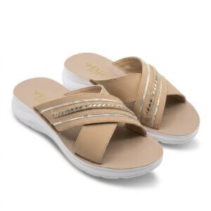Faizi Beige Sparkle Trim Cross Strap Ladies Chappal