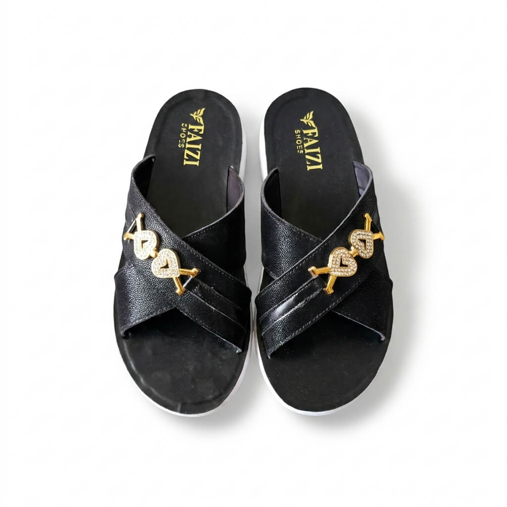 Faizi Black Heart Detail Slim Sole Ladies Chappal