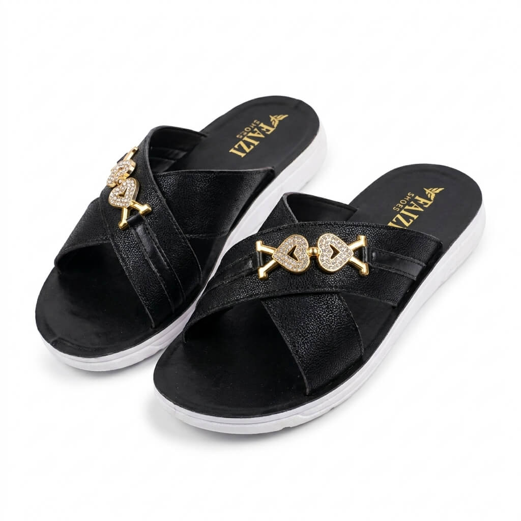 Faizi Black Heart Detail Slim Sole Ladies Chappal - Image 2