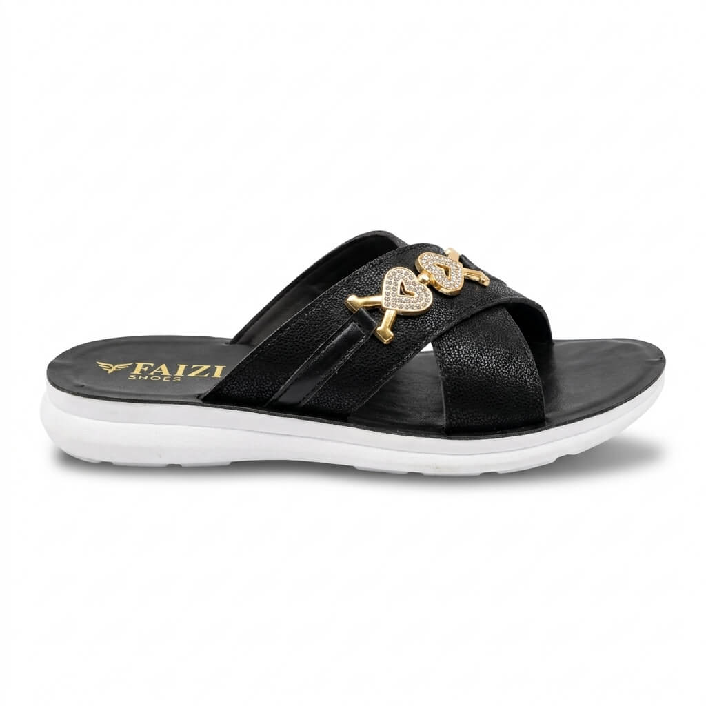Faizi Black Heart Detail Slim Sole Ladies Chappal - Image 3